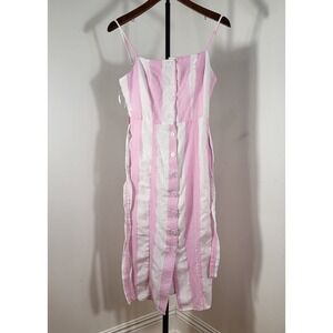 Linen Lux Pink White Striped Button Down Midi Dress Small Sleeveless Belted